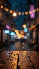 Rustic wooden table softly lit by warm city night bokeh. AI Generated