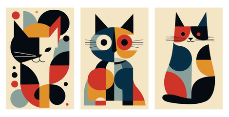 Abstract Geometric Cat Art Prints Set