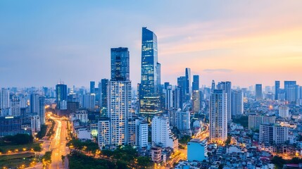 Fototapeta premium Futuristic Skyline of a Thriving Metropolis with Glowing Lights and Fluid Transportation