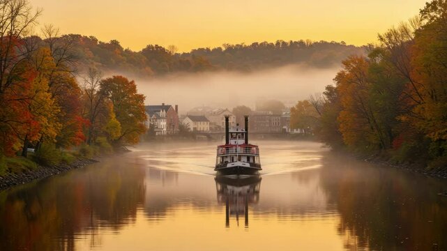 A tranquil river scene with a boat in a misty autumn landscape.