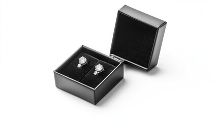 Luxurious black velvet open jewelry gift box with sparkling diamond earrings, isolated on white.