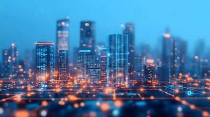 Fototapeta premium Illuminated Futuristic City Skyline with Smart Energy Solutions and Digital Monitoring Systems