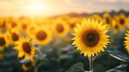Obraz premium Golden Sunflower Field at Warm Sunset with Soft Focus and Cinematic Atmosphere