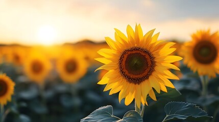 Obraz premium Stunning golden sunflower field at warm sunset with soft focus and cinematic atmosphere