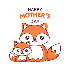 Mother's Day Card with Cute Foxes Vector Illustration.