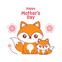 Mother's Day Card with Cute Foxes Vector Illustration.