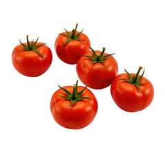 A group of five fresh red tomatoes with green stems, perfect for cooking or salads.