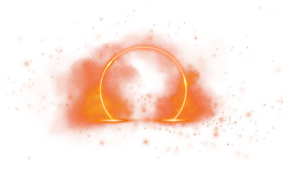 A glowing golden-orange circle radiates light and mist, surrounded by sparkles in a transparent background.