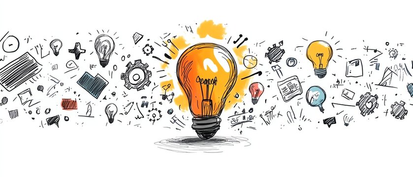 Swirling handdrawn doodles of lightbulbs, gears, and abstract symbols on a white background, illustrating the powerful flow of creativity and idea generation