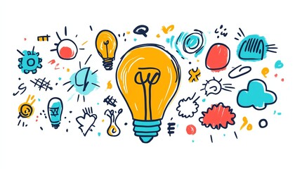 Vibrant handdrawn doodles swirling across a white background, featuring lightbulbs, gears, and abstract symbols, capturing the essence of brainstorming and innovative thinking