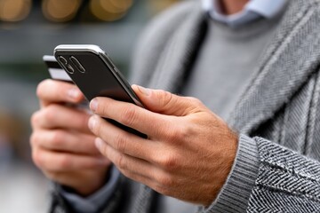 Fototapeta premium Close-up of man using smartphone and credit card for mobile payment