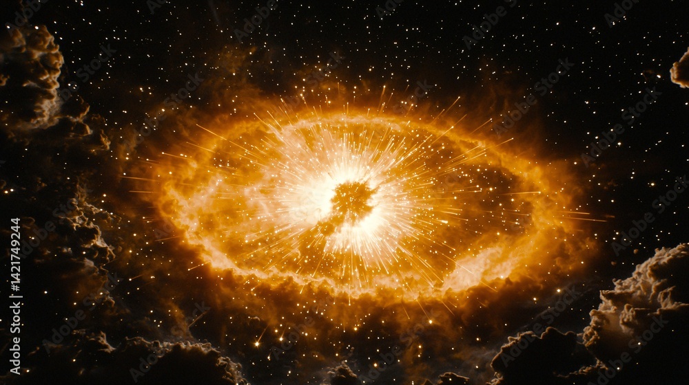 Poster massive explosion of fiery energy creating dynamic visuals in a celestial landscape with electric bu