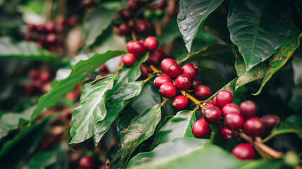 Close up of fresh coffee beans on the branch coffee plant coffee arabica coffee farm coffee harvest coffee industry