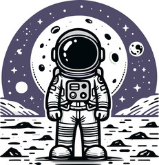 Astronaut Standing on the Moon with a Celestial Backdrop – Monochrome Style