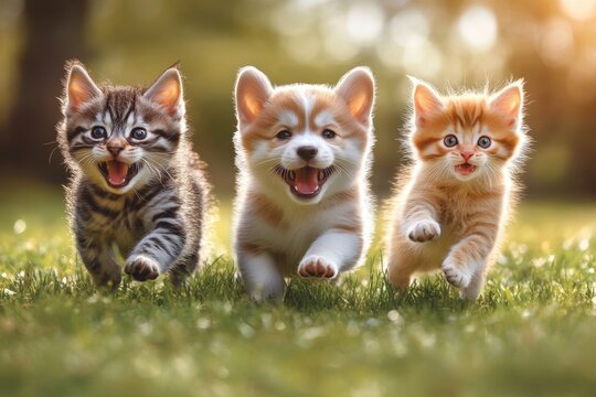 Playful puppies and kittens are running in a green field, creating a joyful animal interaction in an outdoor scene