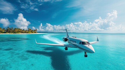 Luxury Jet Flying Over Tropical Island Paradise