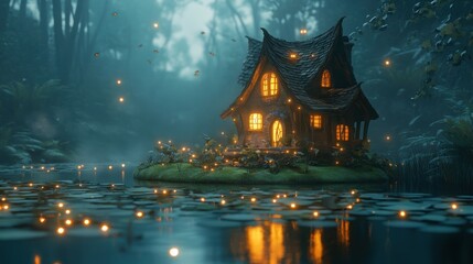 Obraz premium Enchanting fairy tale cottage nestled on a mystical pond in a lush forest at night