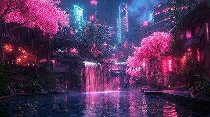 Obraz premium Neon Cityscape Waterfall Serenity: A Futuristic Asian Oasis