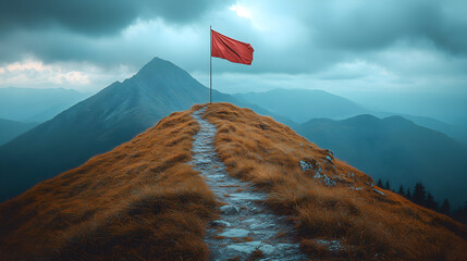 A winding trail leading to a mountain peak with a flag, symbolizing personal growth and goals
