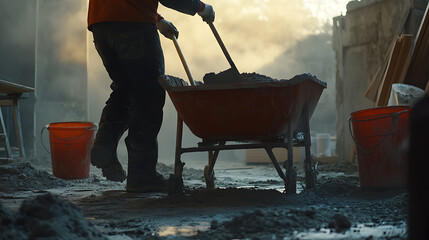 Construction Worker Pushing a Wheelbarrow of Cement