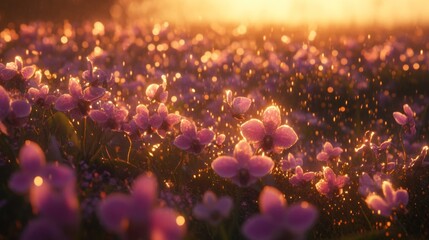 A field of vibrant purple flowers bathed in golden sunlight at dawn.  Delicate blooms, seemingly covered in morning dew, sparkle under the warm glow of sunrise