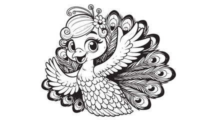Vector illustration of cartoon bird black and white drawing For children to learn to color according to the picture.