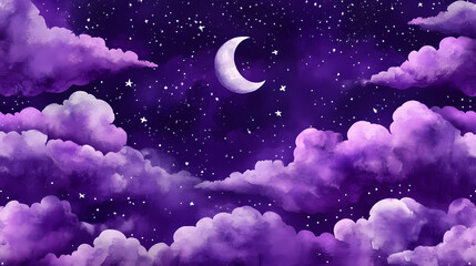 Watercolor night sky seamless pattern clouds stars moon purple background. Celestial Fabric. Illustration