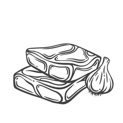 Ribeye steak two slices line icon. Outline hand drawn sketch of raw meat steak with marble texture and garlic, protein product for cooking. Meals, food mascot, cuts of cow icon vector illustration