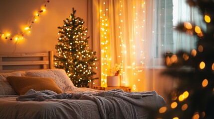Obraz premium A festive bedroom with fairy lights and holiday decorations