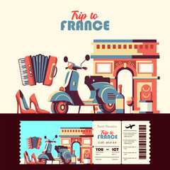 Trip to France. Cartoon elements, Arc de Triomphe, Scooter and Wine