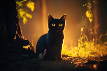 Black cat sitting in dramatic light, glowing eyes and dark surroundings