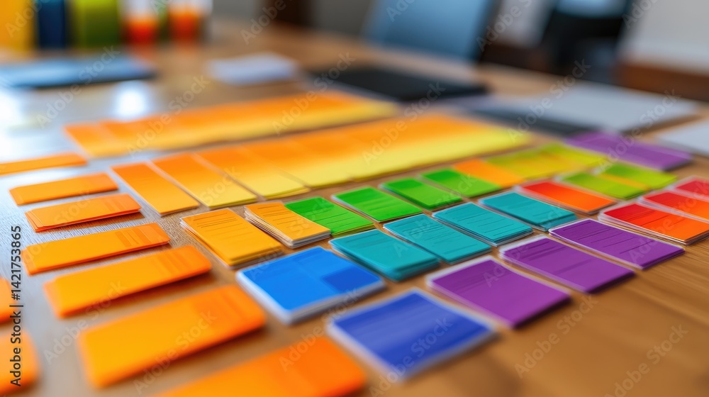 Poster colorful index cards labeled with team responsibilities arranged in workflow order