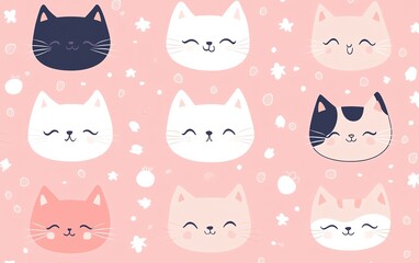 whimsical pink background filled with cute cartoon cats in kawaii style, seamless vector art, playful tails, sleepy and happy cat faces, ultracute design