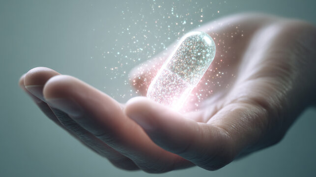 Hand holding glowing capsule medicine pill medication treatment pharmaceutical health wellness concept