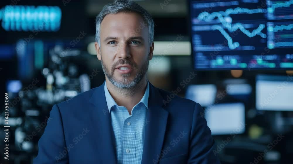 Poster business communication in professional setting analyzing financial data with technology