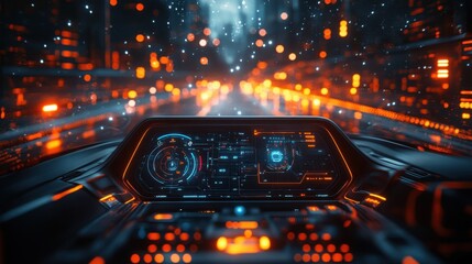 Futuristic Car Dashboard Interface at Night Driving through Neon City Lights