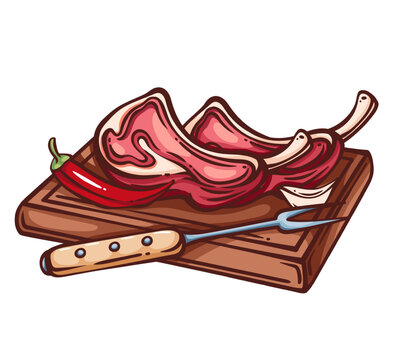 raw meat on wooden board with fork clip art preview