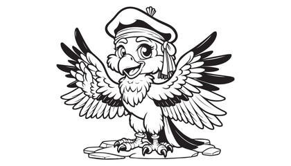 Vector illustration of cartoon eagle black and white drawing For children to learn to color according to the picture.