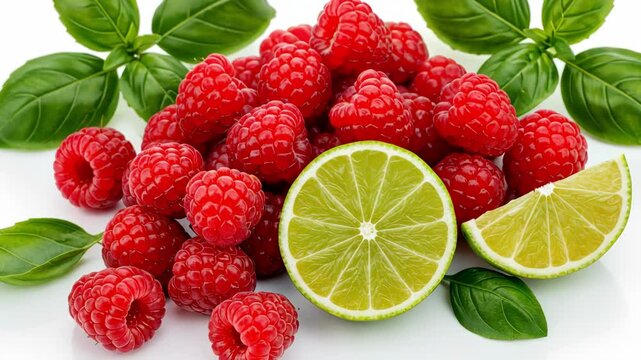 A vibrant arrangement of raspberries and lime with basil.