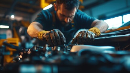 A mechanic is working on a machine engine in a workshop