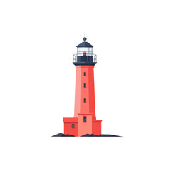 Red Lighthouse on Rocky Coast - Flat Vector Illustration