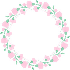 Abstract wreath of soft pink flowers and light green leaves. Illustration for invitation or greeting card. Colorful illustration for text message. Text.