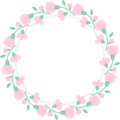 Abstract wreath of soft pink flowers and light green leaves. Illustration for invitation or greeting card. Colorful illustration for text message. Text.