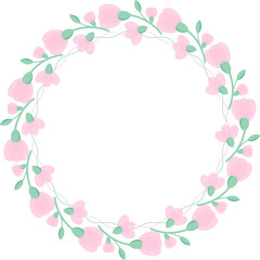 Abstract wreath of soft pink flowers and light green leaves. Illustration for invitation or greeting card. Colorful illustration for text message. Text.