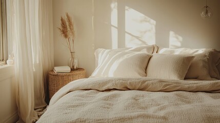 Fototapeta premium A serene bedroom with soft textures and a minimalist design