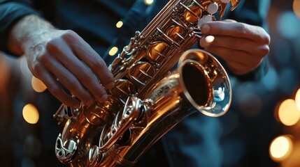 Fototapeta premium A musician plays a saxophone demonstrating musical expertise through fingering