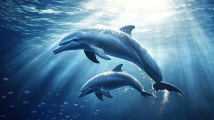 Two dolphins leap in sunlit ocean depths