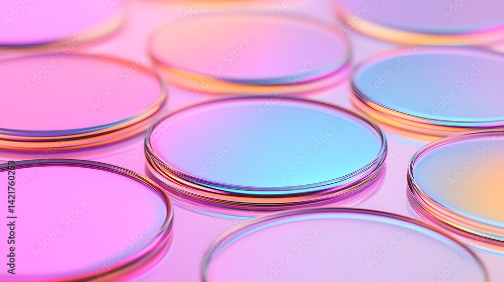 Poster sleek holographic gradient reflections on floating transparent discs in futuristic style