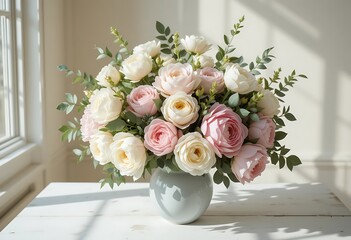 Delicate Pastel Roses Bouquet in a Vase, Perfect for Spring. Generative Ai