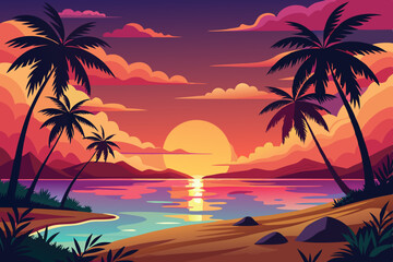 "Tropical Sunset Beach Vector Illustration – Palm Trees, Vibrant Sky, and Ocean Reflection"